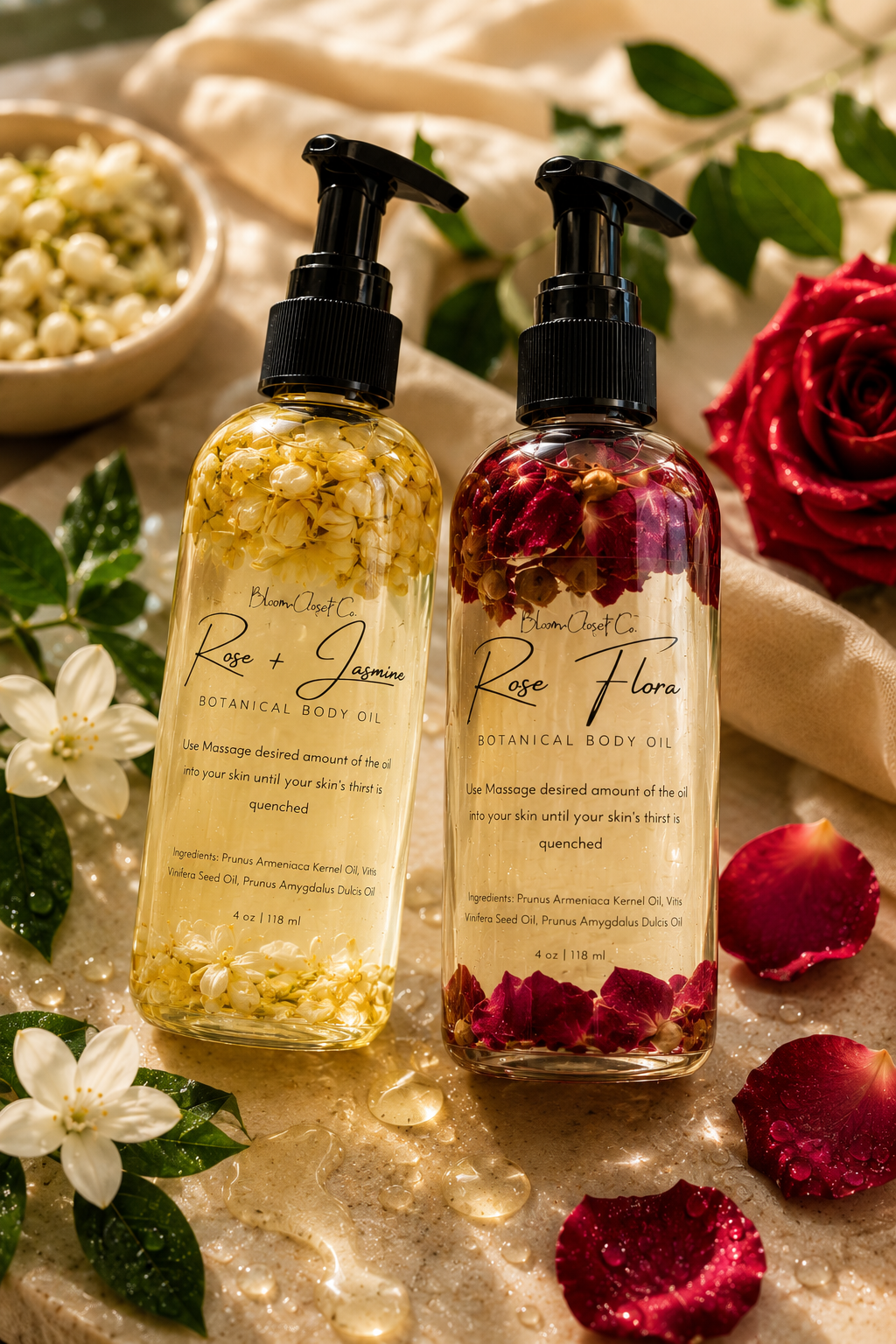 4Oz Hydrating Botanical Body Oil - Rose and Jasmine - Rose Flora - Rose Scented Body Oil