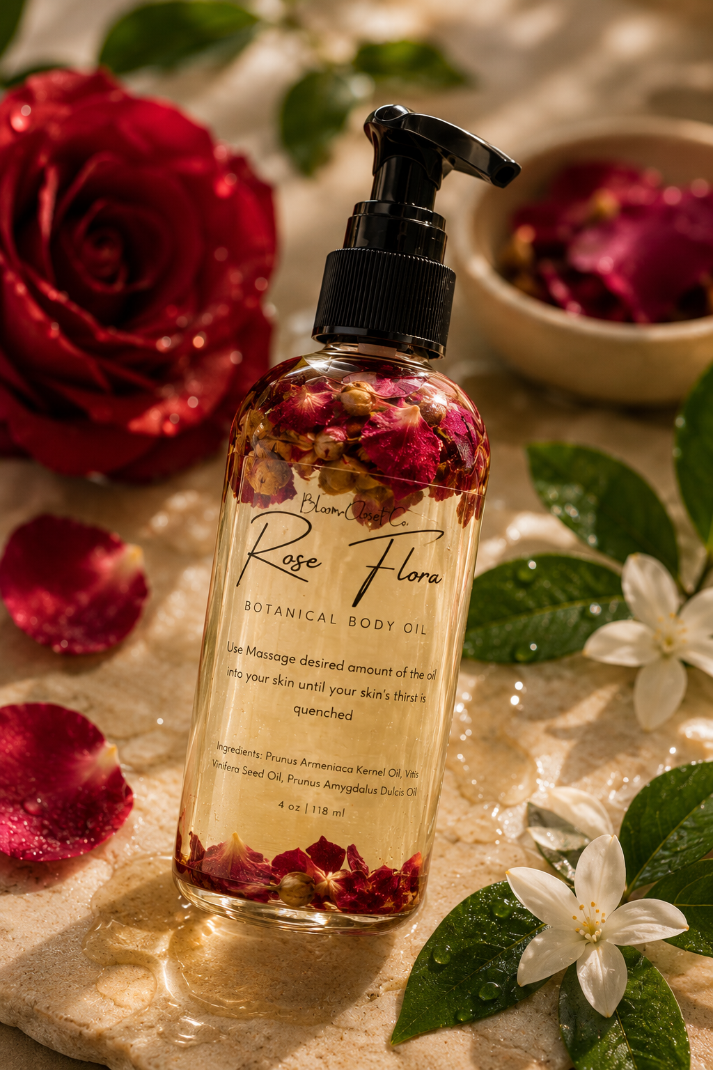 4Oz Hydrating Botanical Body Oil - Rose and Jasmine - Rose Flora - Rose Scented Body Oil